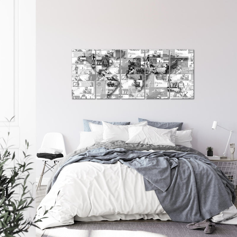 Runa Art Wandbild XXL Weltkarte Banksy Collage Loft Wohnzimmer 200 x 80 cm Grau 5 Teilig - Made in Germany - 104555c