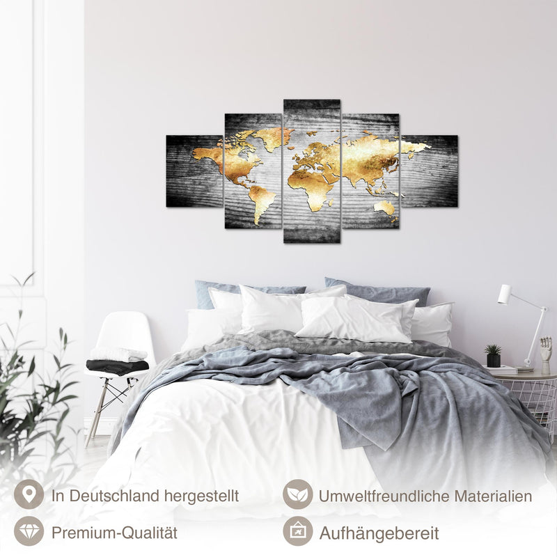 Runa Art - Bilder Weltkarte 200L x 100B cm 5 Teilig XXL Wanddekoration Design Weltkarte Gold 057651a