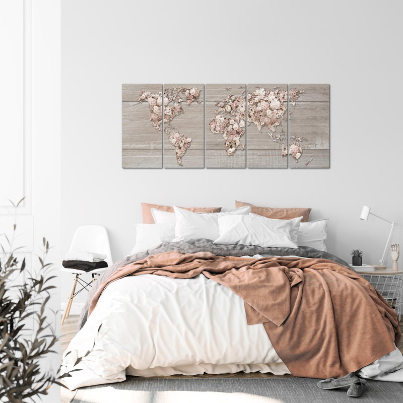 Runa Art Wandbild XXL Weltkarte Blumen Wohnzimmer Schlafzimmer 200 x 80 cm Beige Braun 5 Teilig - Made in Germany - 023255c