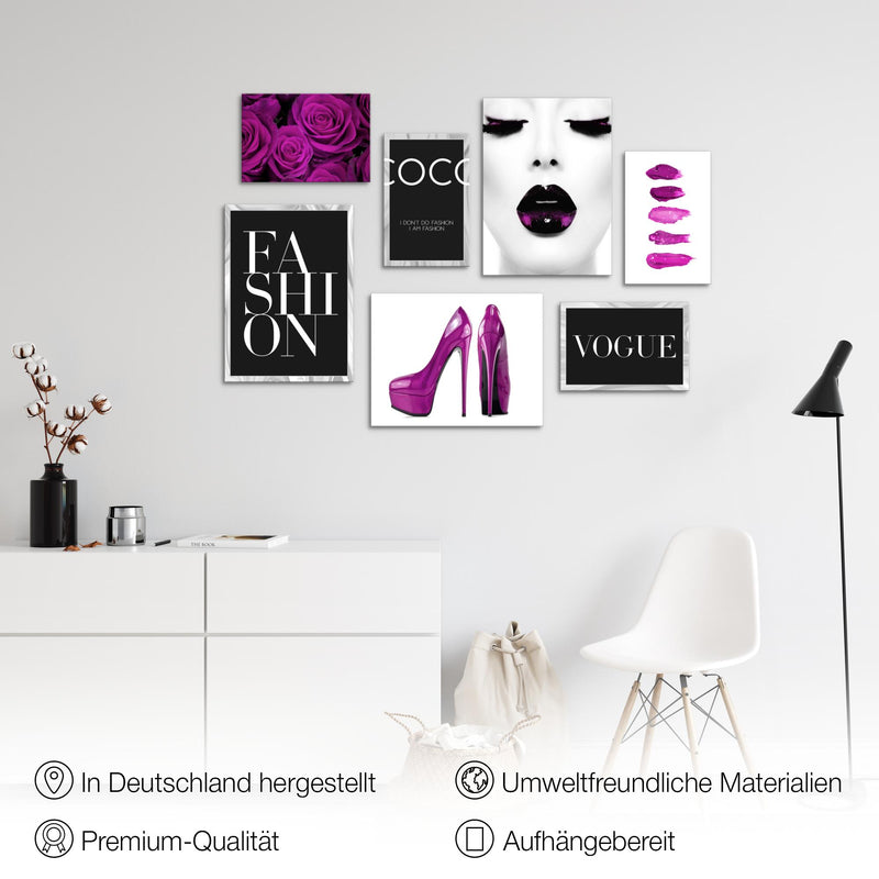 Novart Wandbilder Fashion - KOMPLETT AUFHÄNGFERTIG - Schwarz Weiss Violett Wohnzimmer Mädchen Teenager - 7 Moderne Mood-Bilder - N002271c