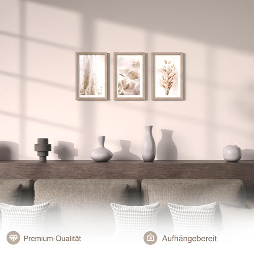 Novart Biler Set Boho Pampasgras - mit Rahmen - Wohnzimmer Schlafzimmer Wanddeko - 3 Wandbilder Beige - N108930aR1
