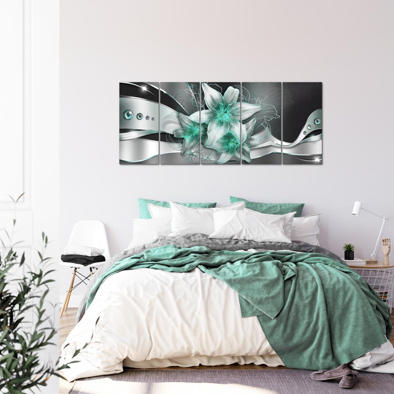 Runa Art Wandbild XXL Blumen Lilien Wohnzimmer Schlafzimmer 200 x 80 cm Schwarz Türkis 5 Teilig - Made in Germany - 039655b