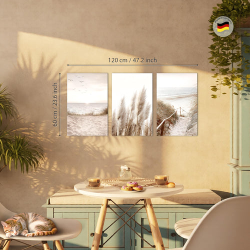 Novart Bilder Set Landschaft - KEIN EXTRA RAHMEN BENÖTIGT - Wandbilder für Wohnzimmer Schlafzimmer Büro - 3 Teilig Deko Strand - N003936a