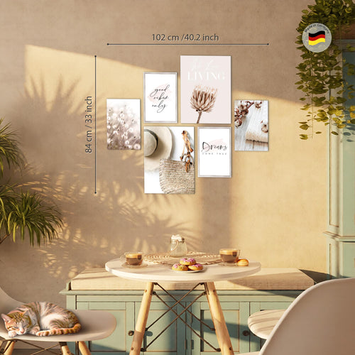 Novart Wandbilder Set Boho Pampasgras Beige Rosa - KEIN EXTRA RAHMEN BENÖTIGT -  Modern Deko  - Wohnzimmer Schlafzimmer N006663a
