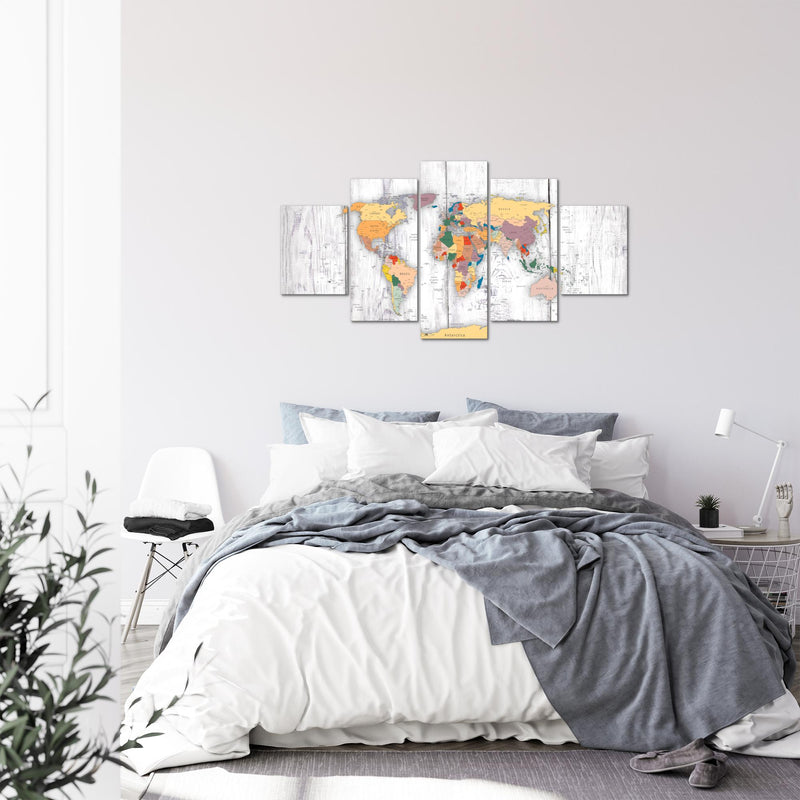 Runa Art Bild Büro Wohnzimmer Weltkarte Holz 5 Teilig Kontinente Weiss Wandbilder auf Vlies Leinwand 108753c