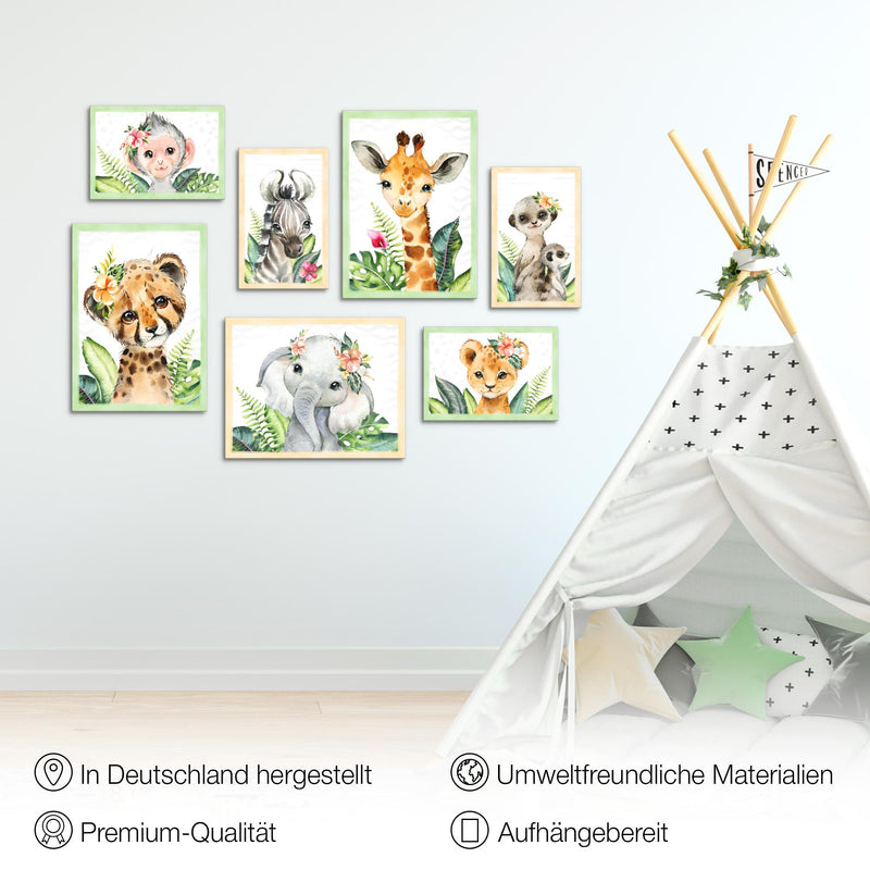 Novart Wandbilder Tiere Afrika - KOMPLETT AUFHÄNGFERTIG - Grau Kinderzimmer Mädchen Junge - 7 Moderne Mood-Bilder - N017371b