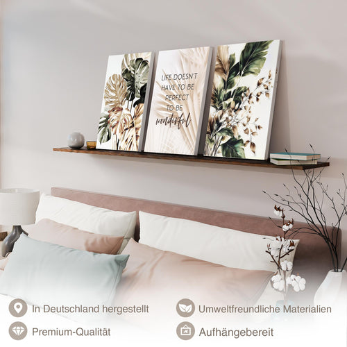 Novart Bilder Set Blumen Pflanzen - KEIN EXTRA RAHMEN BENÖTIGT - Wandbilder für Wohnzimmer Schlafzimmer Büro - 3 Teilig Deko Blätter - N043436a