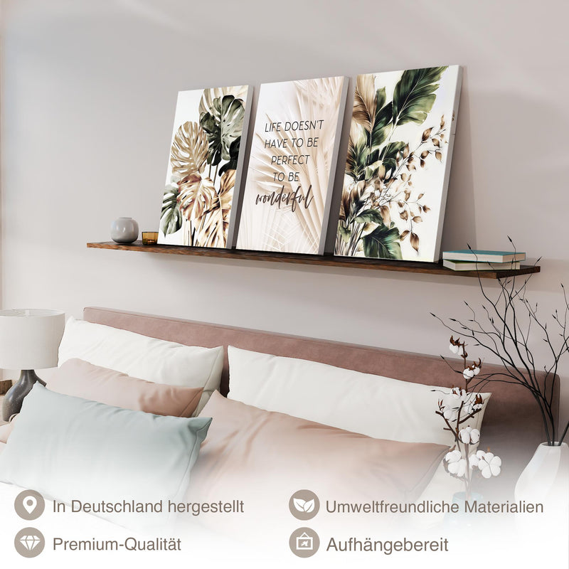 Novart Bilder Set Blumen Pflanzen - KEIN EXTRA RAHMEN BENÖTIGT - Wandbilder für Wohnzimmer Schlafzimmer Büro - 3 Teilig Deko Blätter - N043436a