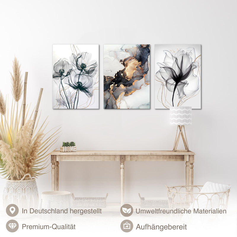 Novart Bilder Set Blumen Pflanzen - KEIN EXTRA RAHMEN BENÖTIGT - Wandbilder für Wohnzimmer Schlafzimmer Büro - 3 Teilig Deko Blumen - N032536b