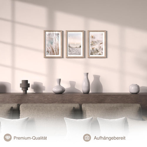 Novart Biler Set Strand Meer Boho - mit Rahmen - Wohnzimmer Schlafzimmer Flur Wanddeko - 3 Wandbilder Blau Beige - N133830aR1