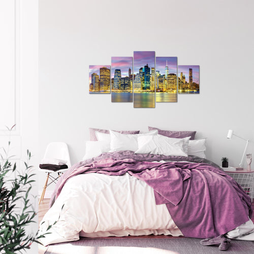 Runa Art Bild Wohnzimmer Büro New York City 5 Teilig Amerika NY Lila Bunt Wandbilder auf Vlies Leinwand 010053c