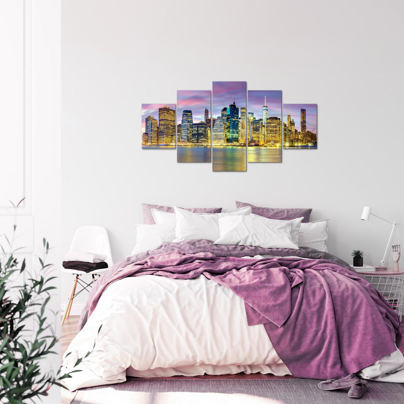 Runa Art Bild Wohnzimmer Büro New York City 5 Teilig Amerika NY Lila Bunt Wandbilder auf Vlies Leinwand 010053c
