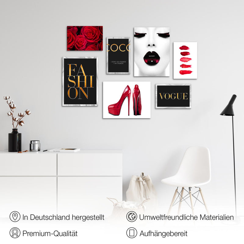 Novart Wandbilder Fashion - KOMPLETT AUFHÄNGFERTIG - Schwarz Weiss Wohnzimmer Mädchen Teenager - 7 Moderne Mood-Bilder - N002271a