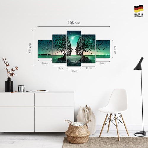 Runa Art Bild Wohnzimmer Schlafzimmer Liebespaar 5 Teilig Abstrakt Baum Türkis Wandbilder auf Vlies Leinwand 044853a
