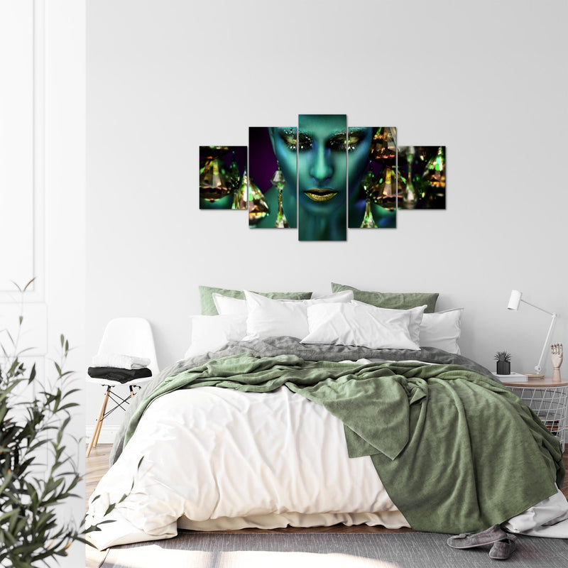 Runa Art Bild Wohnzimmer Schlafzimmer Frau Gesicht Lippen 5 Teilig Kosmetik Fashion Türkis Gold Wandbilder auf Vlies Leinwand 042153a