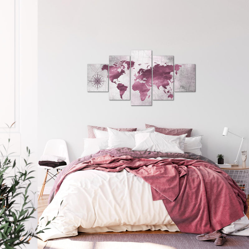 Runa Art Bild Büro Wohnzimmer Weltkarte 5 Teilig Vintage Antik Pink Wandbilder auf Vlies Leinwand 026053b
