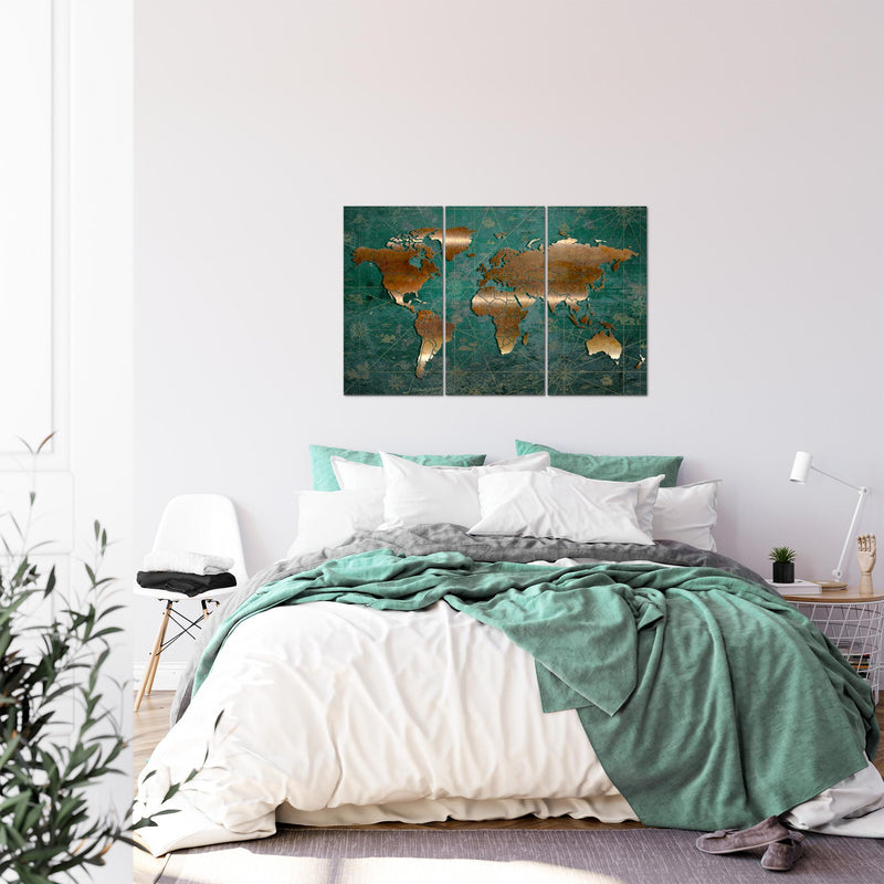 Runa Art Wandbilder Weltkarte Bild XXL Büro Wohnzimmer Grün Braun Antik 120 x 80 cm 3 Teilig 109031b