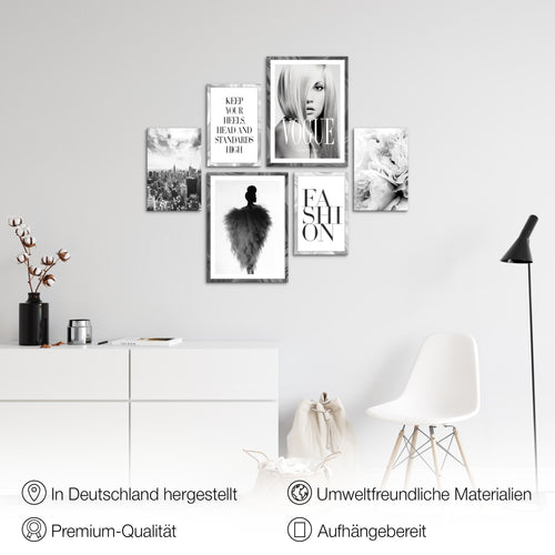 Novart Wandbilder Set Fashion Schwarz Weiss - KEIN EXTRA RAHMEN BENÖTIGT -  Modern Deko  - Wohnzimmer Mädchen Teenager N002163a