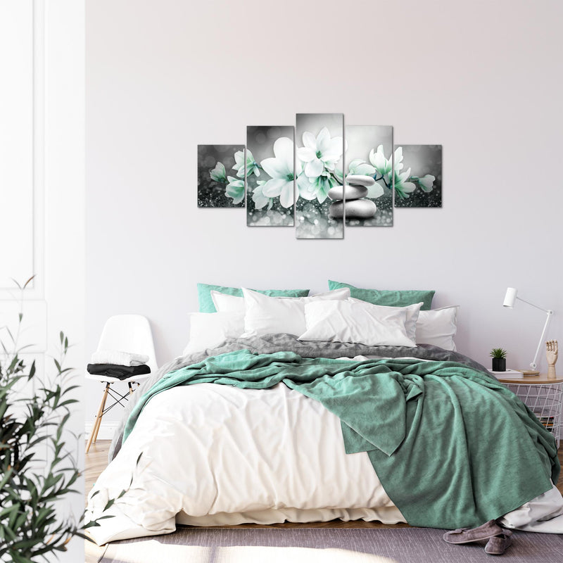 Runa Art Bild Wohnzimmer Schlafzimmer Blumen Magnolien 5 Teilig Abstrakt Grau Türkis Wandbilder auf Vlies Leinwand 035453b