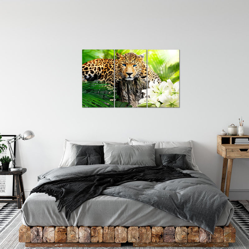 Runa Art Wandbilder Afrika Leopard Bild XXL Wohnzimmer Schlafzimmer Grün Raubkatze Dschungel 120 x 80 cm 3 Teilig 006731b