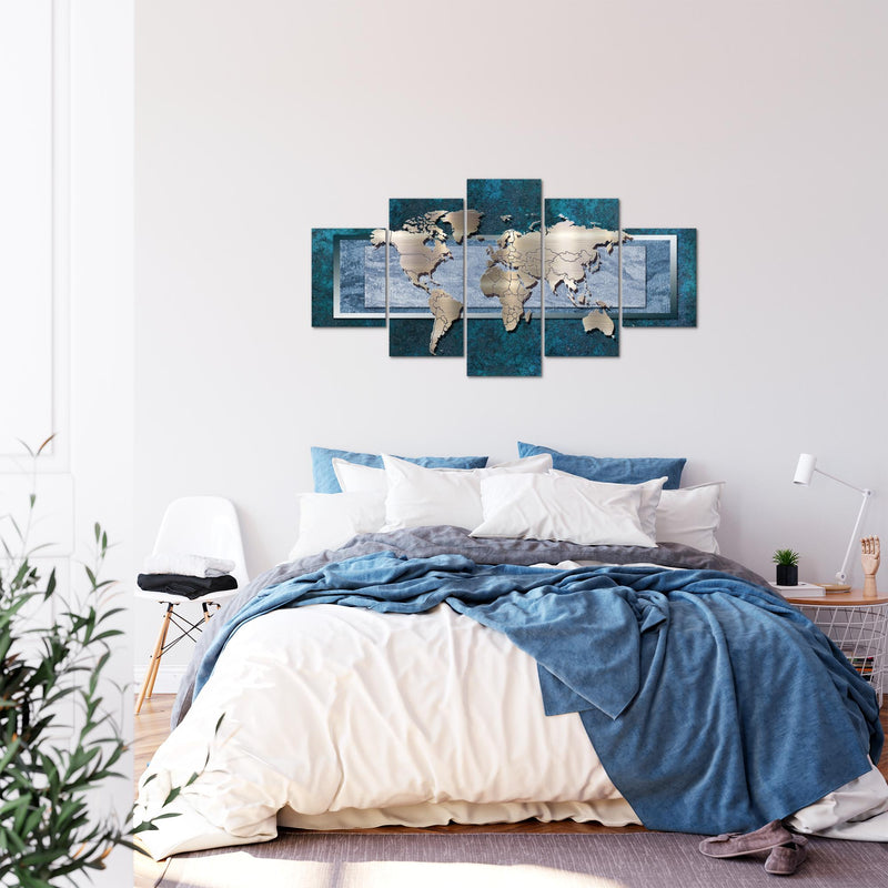 Runa Art Bild Büro Wohnzimmer Weltkarte 5 Teilig Kontinente Metall Blau Wandbilder auf Vlies Leinwand 106753c
