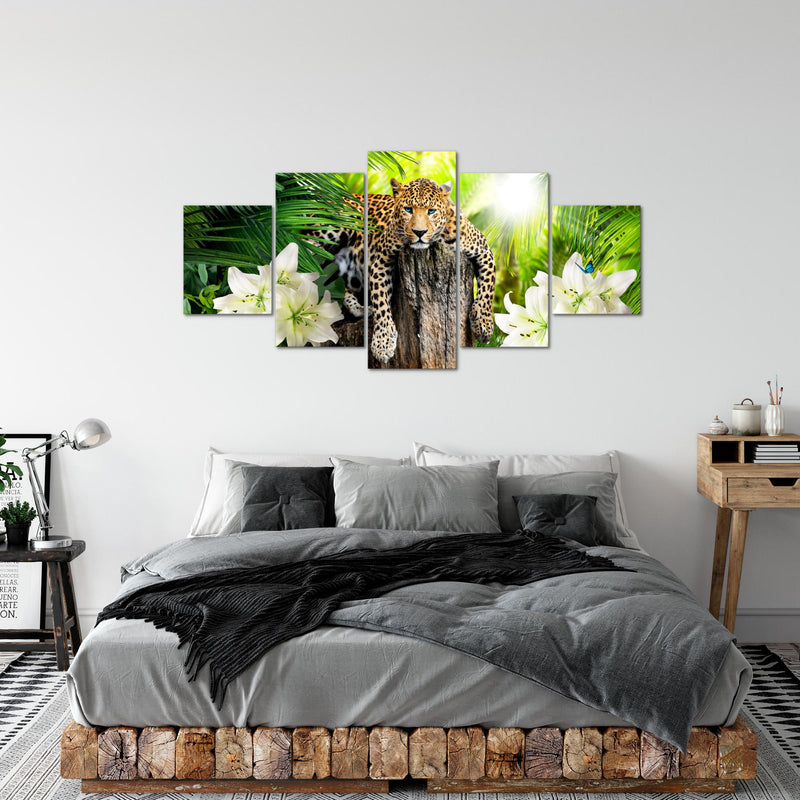 Runa Art - Bilder Afrika Leopard 200 x 100 cm 5 Teilig XXL Wanddekoration Design Grün 006751a