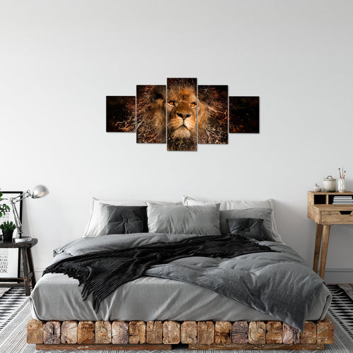 Runa Art Bild Wohnzimmer Schlafzimmer Afrika Löwe 5 Teilig Abstrakt Tiere Schwarz Gold Wandbilder auf Vlies Leinwand 040753a