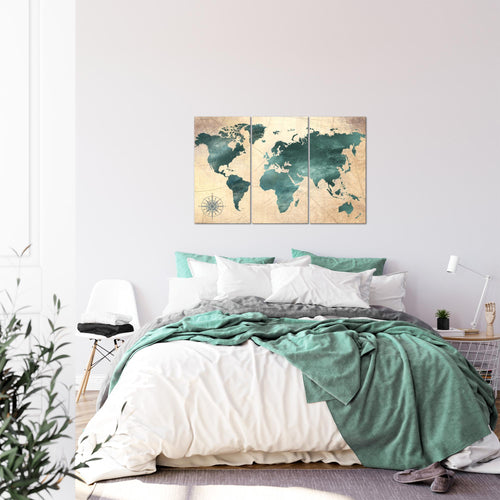 Runa Art Wandbilder Weltkarte Bild XXL Büro Wohnzimmer Grün braun Antik 120 x 80 cm 3 Teilig 026031a