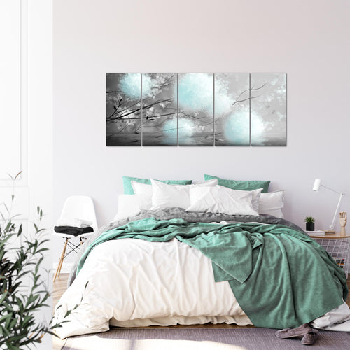 Runa Art Wandbild XXL Pusteblumen Wohnzimmer Schlafzimmer 200 x 80 cm Grau Türkis 5 Teilig - Made in Germany - 044255c