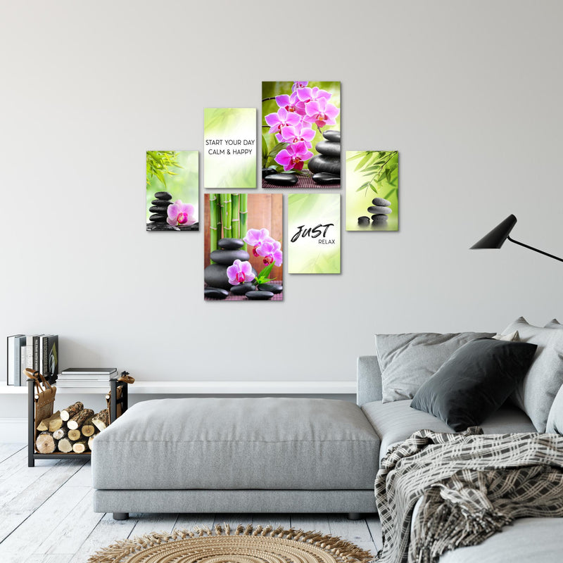 Novart Wandbilder Set Feng Shui Zen Stein Grün Lila - KEIN EXTRA RAHMEN BENÖTIGT -  Modern Deko  - Wohnzimmer Schlafzimmer N003463a