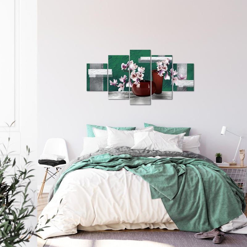 Runa Art Bild Wohnzimmer Schlafzimmer Blumen Abstrakt 5 Teilig Blumenvase Türkis Grau Wandbilder auf Vlies Leinwand 035253b