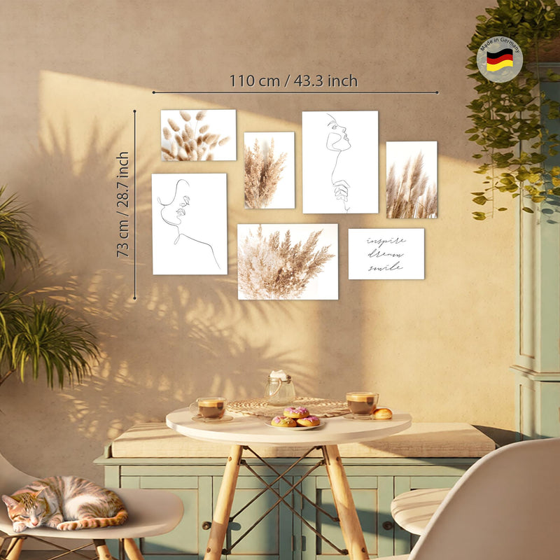 Novart Wandbilder Boho Pampasgras - KOMPLETT AUFHÄNGFERTIG - Line Art Wohnzimmer Schlafzimmer - 7 Moderne Mood-Bilder - N012471a