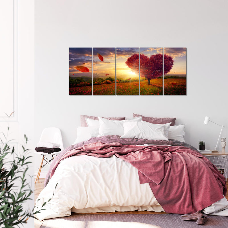 Runa Art Wandbild XXL Herbst Baum Herz Wohnzimmer Schlafzimmer 200 x 80 cm Rot Blau 5 Teilig - Made in Germany - 605855a