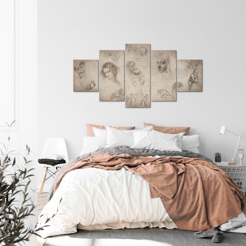 Runa Art - Bilder Berühmte Maler 200 x 100 cm 5 Teilig XXL Wanddekoration Design Skizzen Beige 010351a