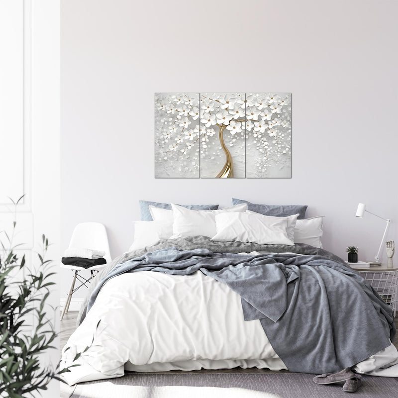 Runa Art Wandbilder Blumen Bild XXL Wohnzimmer Schlafzimmer Weiss Gold Abstrakt Baum 120 x 80 cm 3 Teilig 039731a