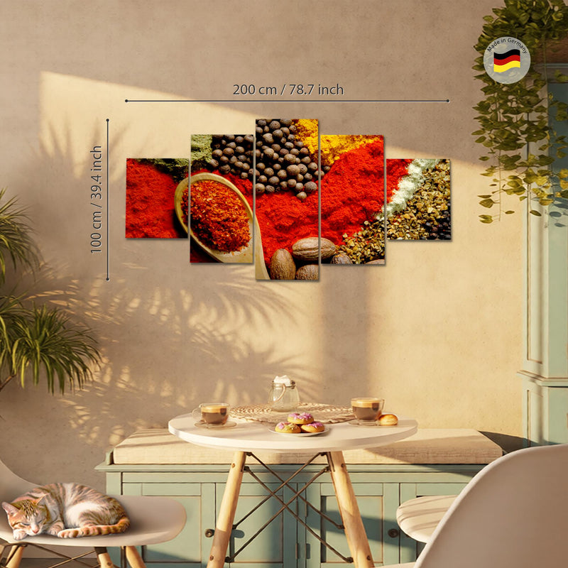 Runa Art - Bilder Küche Gewürze 200 x 100 cm 5 Teilig XXL Wanddekoration Design Rot 500451a