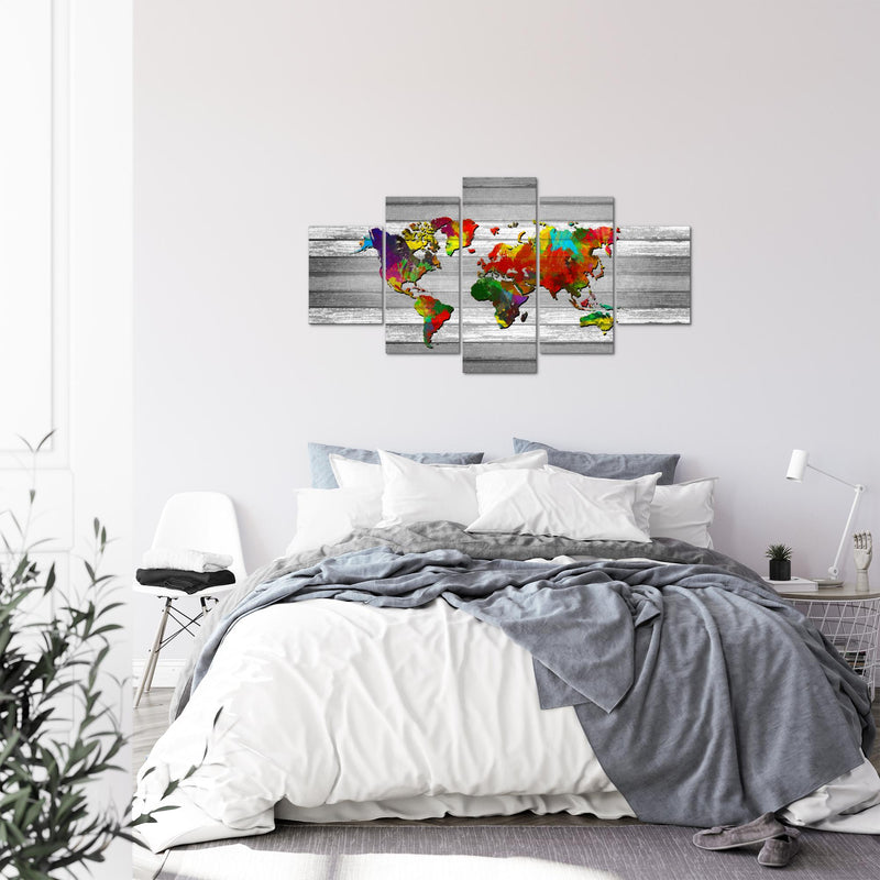 Runa Art Bild Büro Wohnzimmer Weltkarte 5 Teilig Kontinente Holz Bunt Wandbilder auf Vlies Leinwand 105453b