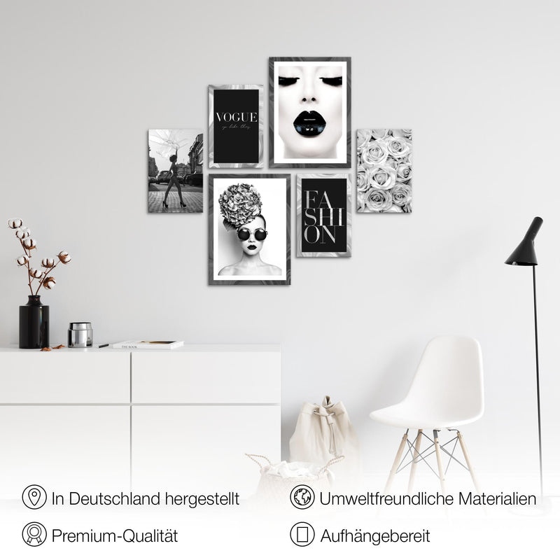 Novart Wandbilder Set Fashion Schwarz Weiss - KEIN EXTRA RAHMEN BENÖTIGT -  Modern Deko  - Wohnzimmer Mädchen Teenager N015563a