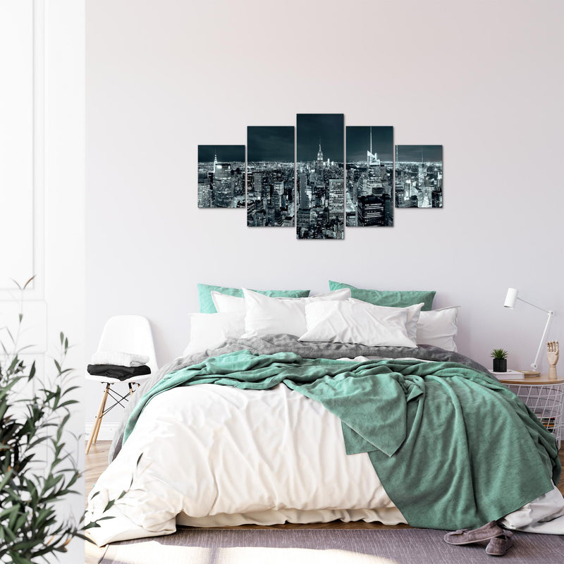 Runa Art Bild Wohnzimmer Büro New York Skyline 5 Teilig USA Türkis Blau Wandbilder auf Vlies Leinwand 036253b