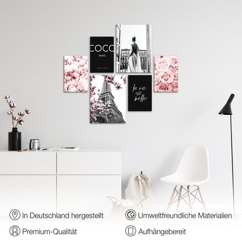 Novart Wandbilder Set Fashion Paris Rosa - KEIN EXTRA RAHMEN BENÖTIGT -  Modern Deko  - Wohnzimmer Mädchen Teenager N008363a