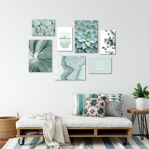 Novart Wandbilder Grüne Blätter - KOMPLETT AUFHÄNGFERTIG - Natur Wohnzimmer Schlafzimmer - 7 Moderne Mood-Bilder - N027471a