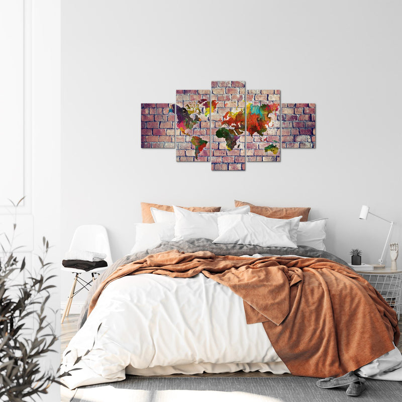 Runa Art Bild Büro Wohnzimmer Weltkarte 5 Teilig Ziegelwand Rot Bunt Wandbilder auf Vlies Leinwand 106953c