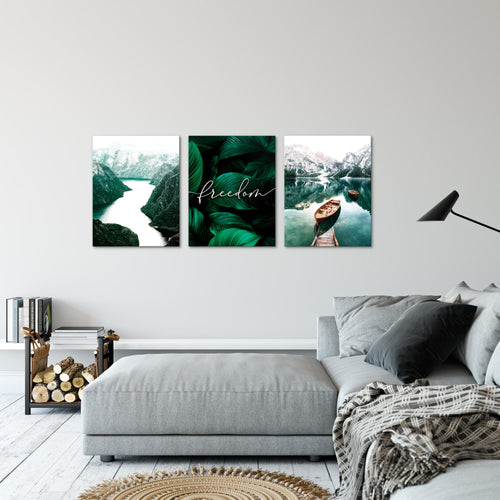 Novart FERTIG ZUM AUFHÄNGEN - Wandbilder Set See Berge - Collage XXL Wohnzimmer Grün N020835a, 90 x 40 cm