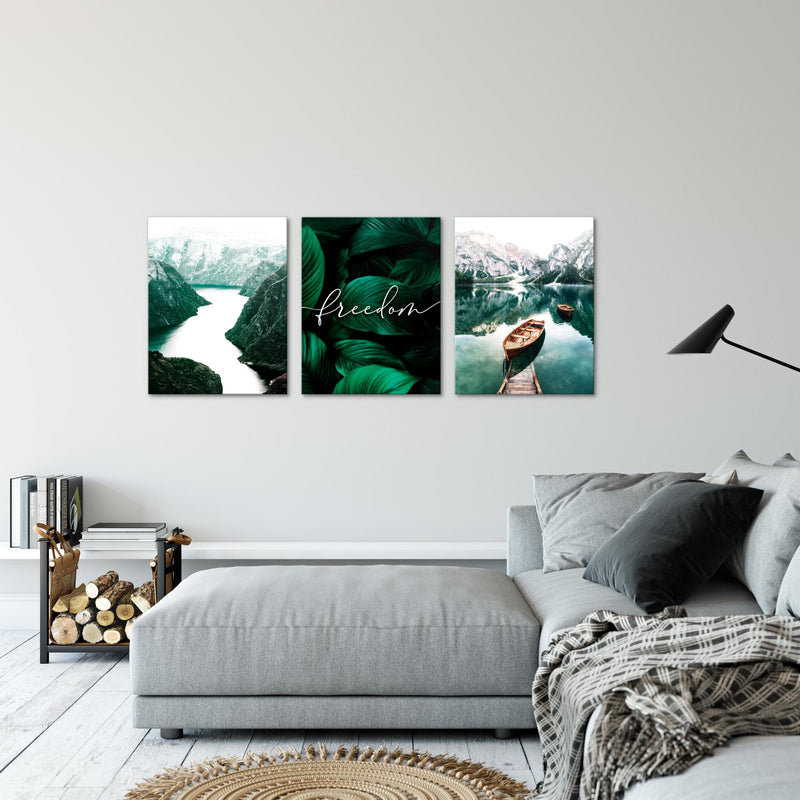 Novart FERTIG ZUM AUFHÄNGEN - Wandbilder Set See Berge - Collage XXL Wohnzimmer Grün N020835a, 90 x 40 cm