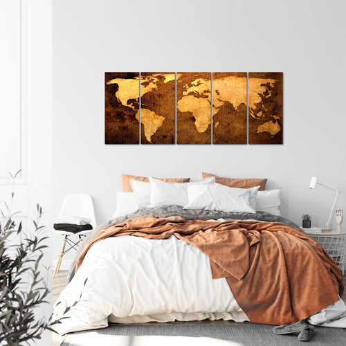 Runa Art Wandbild XXL Weltkarte Büro Wohnzimmer 200 x 80 cm Gold 5 Teilig - Made in Germany - 101755a