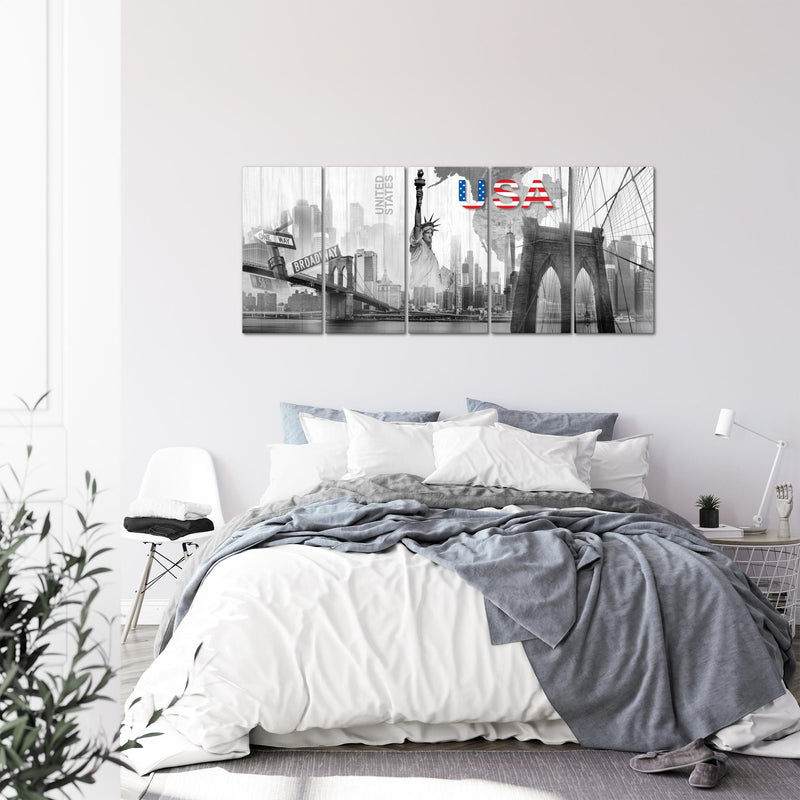 Runa Art Wandbild XXL New York Wohnzimmer Büro 200 x 80 cm Schwarz Weiss 5 Teilig - Made in Germany - 034755c