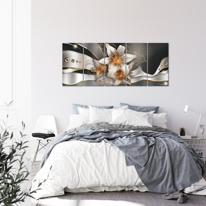 Runa Art Wandbild XXL Blumen Lilien Wohnzimmer Schlafzimmer 200 x 80 cm Gelb Gold 5 Teilig - Made in Germany - 039655a
