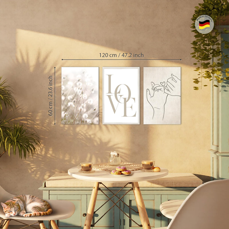 Novart Bilder Set Blumen Pflanzen - KEIN EXTRA RAHMEN BENÖTIGT - Wandbilder für Wohnzimmer Schlafzimmer Büro - 3 Teilig Deko Blumen - N023336a