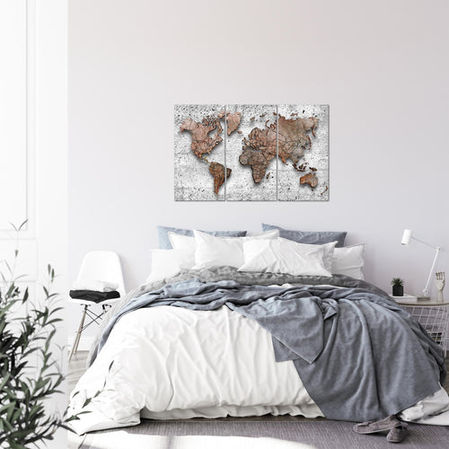 Runa Art Wandbilder Weltkarte 3D Effekt Bild XXL Büro Wohnzimmer Grau Kontinente Beton 120 x 80 cm 3 Teilig 107731b