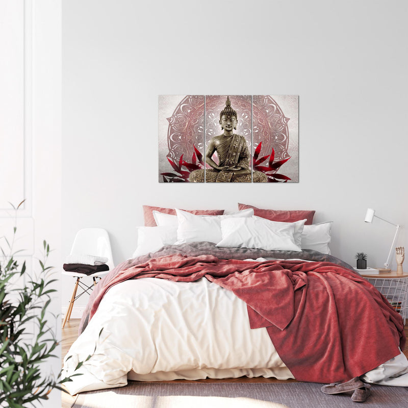 Runa Art Wandbilder Buddha Bild XXL Wohnzimmer Schlafzimmer Grau Rot Orientalisch 120 x 80 cm 3 Teilig 031231a